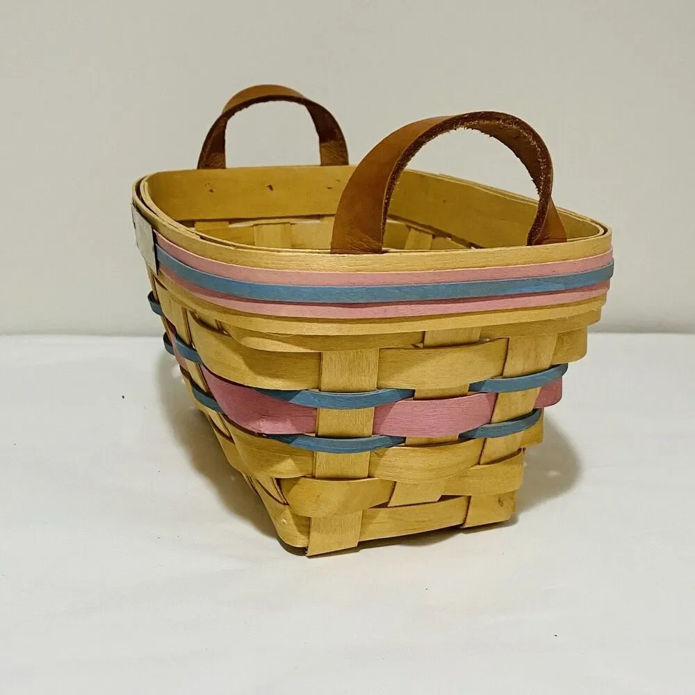 1992 Henn Basket Welcome to the World Pink Blue Bands Woven Signed Handles FLAW